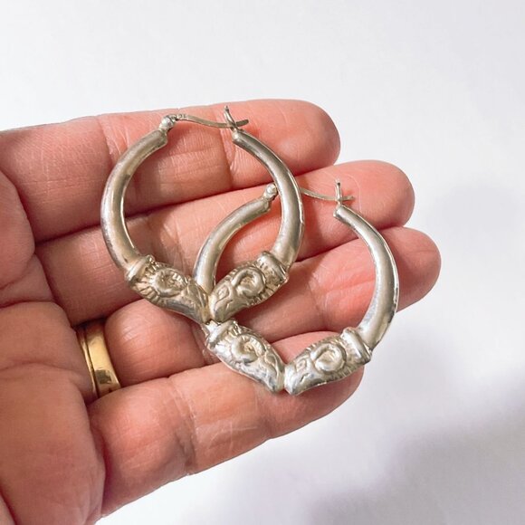 Vintage Sterling Silver Double Facing Rams Hoop Earrings L - Picture 2 of 6